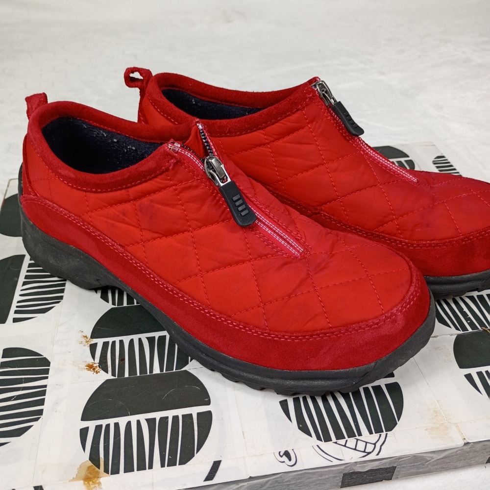 Lands End Red Quilted Front Zip Slip On‎ Hiking Walking Shoes Chunky Gorpcore